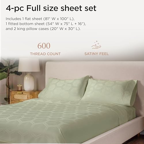 Image of Threadmill 100% Cotton Sheets for Full Size Bed - 600 Thread Count Full Bed Sheets Set with 16 inch Deep Pocket - Jacquard Sateen Weave 4-Piece Bedding Set with Cooling Effect, Sage Green