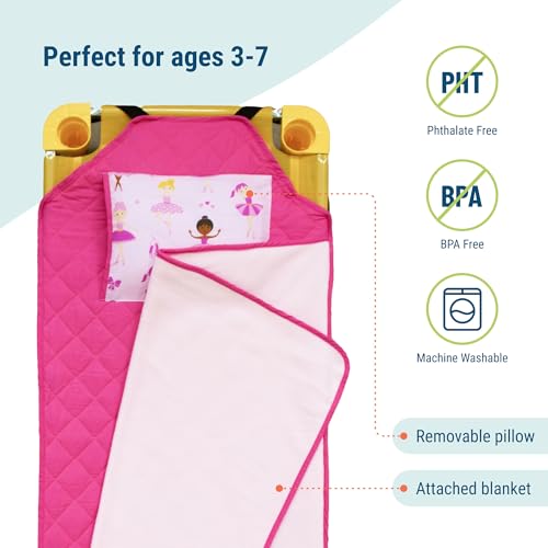 Image of Wildkin Modern Kids Nap Mat with Pillow for Girls - Soft & Cozy Cotton Blend, Elastic Straps, Toddler Sleep Mat for Daycare, Preschool, Kindergarten & Travel, Ages 3-7, Machine Washable - Ballerina