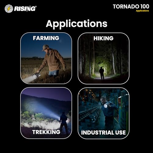 Image of RISING Tornado 100 Rechargeable LED Searchlight | 10W LED | 6000mAh Battery | 5 Lighting Modes | Emergency Side Light | USB-C Charging with Power Bank Option | Long-Range Visibility