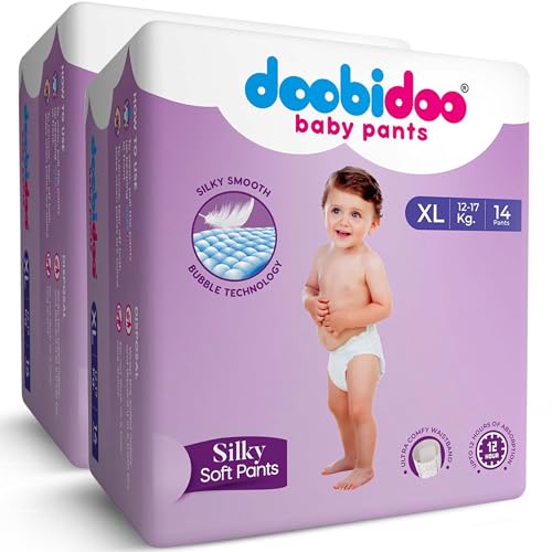 Image of Doobidoo Silky Soft Baby Pants Diapers- XL Size (Pack of 2, 28 Count) - All Round Softness with Bubble soft topsheet and anti leak side cuffs (12-17 kgs)