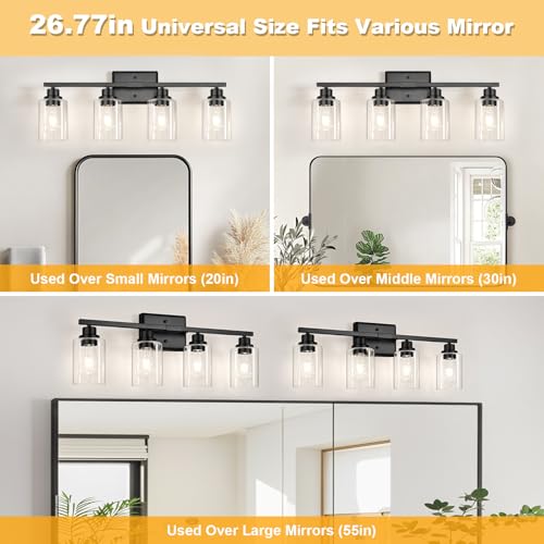 Image of Unicozin Modern Black Bathroom Light Fixtures, 4-Light Vanity Lights Over Mirror with E26 LED Bulbs Included, Wall Sconce with Clear Glass Shades for Living Room Bedroom Hallway Kitchen