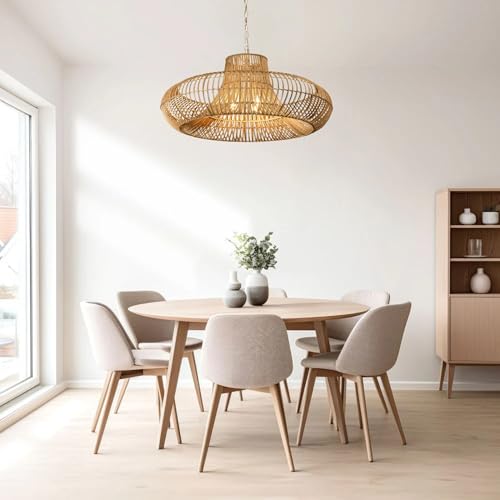 Image of 20 inch Handwoven Bamboo Pendant Light - Boho Natural Rattan Chandelier for Living Room /Dining Room /Bedroom (2 Light)