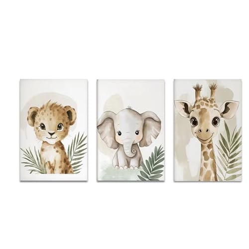 Xiyocadt 3er Tier Poster Set, Bilder Kinderzimmer, Elefant - Giraffe - Löwe, Dekor im Babyzimmer, Sicher und geruchlos moderne Wandbilder, ohne Rahmen (30 x 40 cm)