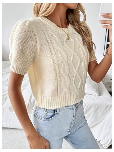 SweatyRocks Women's Crewneck Short Sleeve Crop Sweater Cable Knit Pullover Tops3