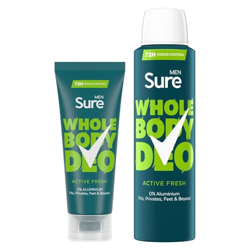 Sure Whole Body Active Fresh Bundle of Men Deodorant with Body Spray 150ml and Deodorant Cream 75 ml with Aromatic Herbal, Citrus and Woody Scent Provides 72-Hour Odour Control