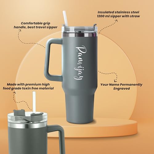 Image of SAVRI Customized Tumbler with Name, 1200 ML Stainless Steel Travel Mug with Straw, Lid & Handle, Personalised Sipper Water Bottle for Women, Men & Girls, Anniversary Birthday Gift for Office & Gym Use