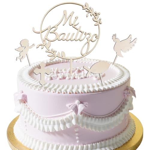 WUBAYI Elegante juego de decoración para tartas, paquete de 5 adornos para tartas con palos para bautizo, comunión, cumpleaños y bodas (banderas reutilizables para hornear y temas de fiesta)