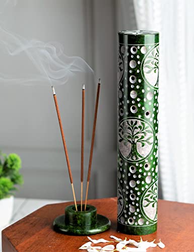 Crocon Handmade Green Marble Soapstone Incense Stick Burner Round Shape Tree Of Life Symbol Design Tower Burner | Candle Holder | Decorative Home & Kitchen Best Gift Size - Lxwxh, 3X3X10 Inch #TOP2