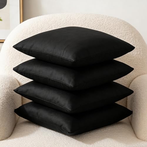 Traziewell Set of 4 Black Cushion Covers Soft Decorative Square Throw Pillow Cover Lightweight Pillowcases for Livingroom Sofa Bedroom with Invisible Zipper 45cm x 45cm 2103