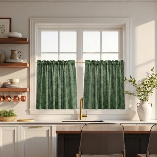 Image of TWOPAGES Rod Pocket Leaf Print Cafe Curtains, Moss, 26W x 18L