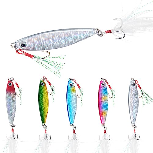 Metal Sea Fishing Lures,5PCS Fishing Spinners Sequins Spoons with Treble Hooks,Shiny Sea Sinking Hard Baits for Trout Bass Pike Perch 30g*5pcs
