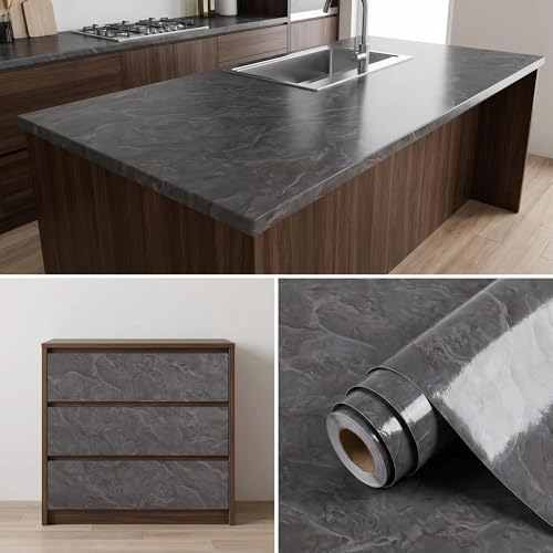 Image of 52cm x 3m Grey Marble Kitchen Worktop Vinyl Wrap, Sticky Back Plastic Roll, Gloss Worktop Covering, Waterproof Heat-Resistant Contact Paper, Self Adhesive Film for Cupboards Furniture