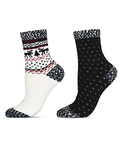 MeMoi Women's 2 Pair Pack Fairisle Border Cloud Soft Crew Socks