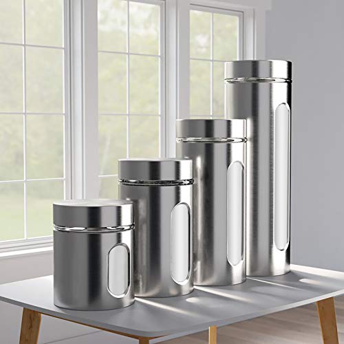 Quality Stainless Steel Canister Set for Kitchen Counter with Glass Window & Airtight Lid - Food Storage Containers with Lids Airtight - Pantry Storage and Organization Set