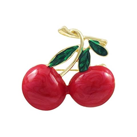 Isaac Kieran Gold Finish Red and Green Painted Cherry Pin Brooch Cover