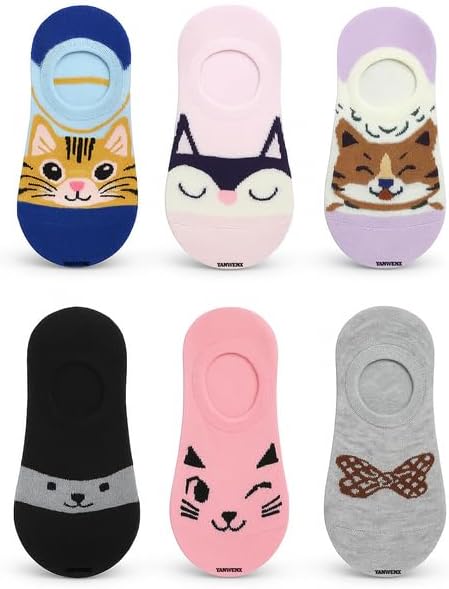 6 Pairs Kids Cat Design Loafer Socks – Soft Cotton, Breathable & Comfortable Ankle Socks for Boys & Girls Age 2-15 Years