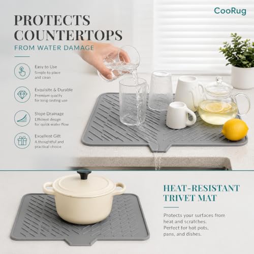 Image of CooRug Silicone Dish Drying Mat for Kitchen - Built-in Drain Lip | Hygienic Drying Pad - Sturdy Compact Easy to Clean Tray Protects Surfaces Prevents Water Build Up - 40 X 30 Cm (Grey)