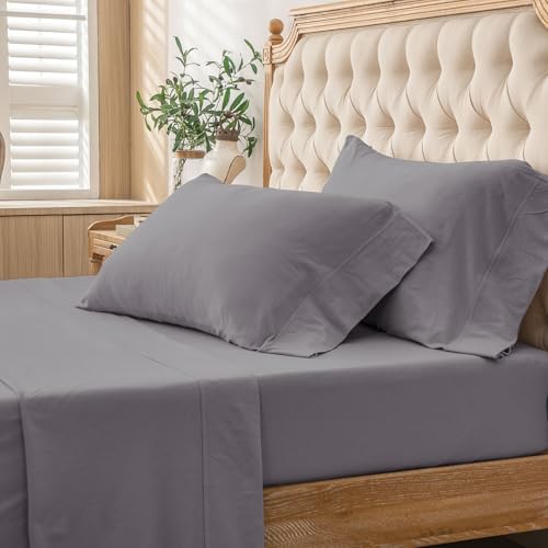 PURE ERA Jersey Knit 4pc Bed Sheet Set 100% T-Shirt Cotton Super Soft Comfy Breathable Fits Mattress Up to 20" Extra Deep Pocket (Solid Grey Purple, Queen)