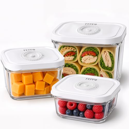 Image of FEPPO Vacuum Sealers Containers for Food Storage, 3 Pcs Set [1* Small, 1* Medium, 1* Large] Works with Handheld Compact Vacuum Sealer Machine for Fridge, Freezer & Pantry, BPA-Free, Date Tracking Lid