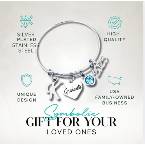 Personalized Graduation Bracelet 2025 – Adjustable Bangle with Initial, Graduate Heart, Birthstone, and Year Charms – Custom Jewelry Gift for Her or Senior Class Grads2