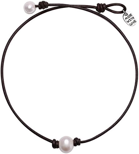 Single Cultured Freshwater Pearl Choker Necklace Handmade Genuine Leather One Bead Jewelry for Women Girls 14'' Brown