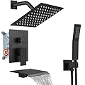 Midanya Rain Shower System Tub Shower Faucet Set Square Rainfall Head with Handheld Sprayer and Waterfall Tub Spout Rough-in Valve Included,8 Inch Matte Black