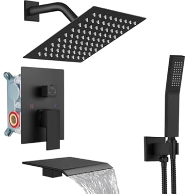 Midanya Rain Shower System Tub Shower Faucet Set Square Rainfall Head with Handheld Sprayer and Waterfall Tub Spout Rough-in Valve Included,8 Inch Matte Black