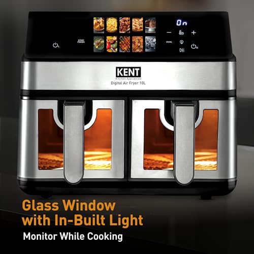 Image of KENT Digital Air Fryer 10L| 2000W | Up to 80% Less Oil Usage | 10 Preset Menu |Digital Display & Touch Control Panel |Glass Window with in built Light | Dual Basket for Cooking 2 Dishes Simultaneously