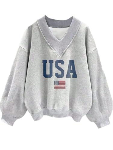Avanova Women USA Graphic V Neck Sweatshirts Top Drop Shoulder Long Sleeve Pullover Shirt Grey Small