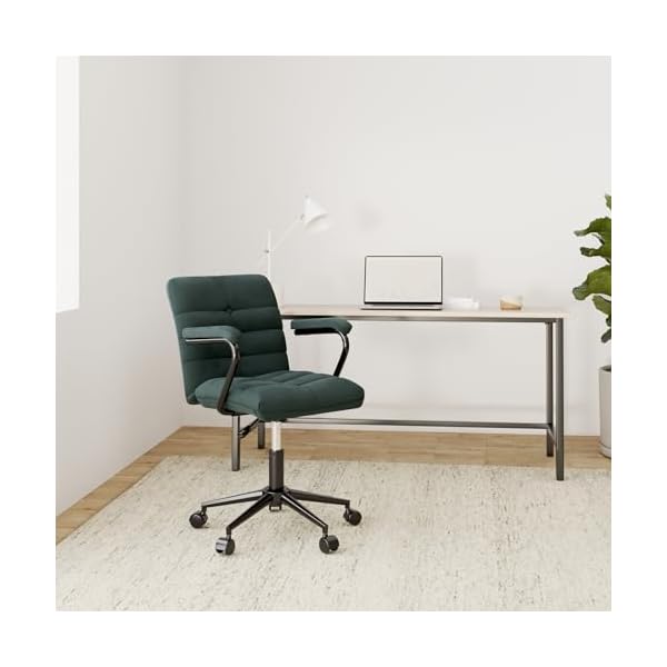 Velvet home office desk chair upholstered adjustable swivel task chair with wheels tufted mid back computer chair with arms for study living room vanity dark green black base  urban country home decor