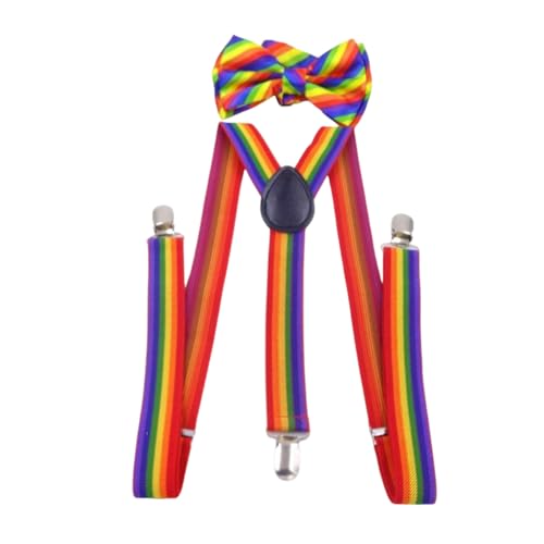 HUJIUTUO Suspenders Bowtie Set for Stage with Rainbow Color Adjustable Elastic Band Costume Event Accessories