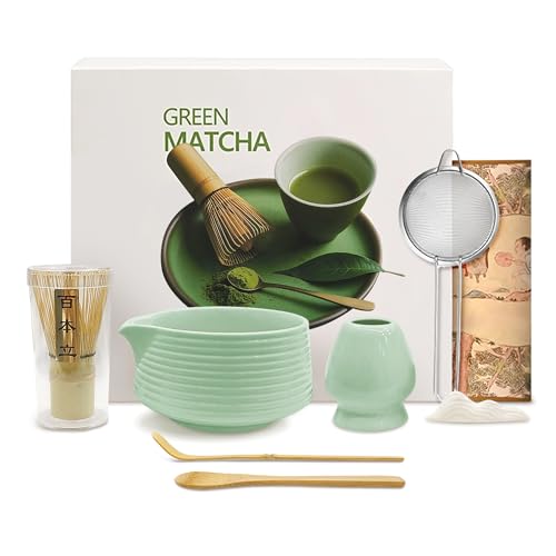 Mabecol Matcha Kit 8 Pièce avec Bol Bec Verseur 510ml, Chasen Bambou, Support, Cuillère, Tamis, Kit Matcha Idéal CompletLatte, Petit Déjeuner, Cadeau Thé...