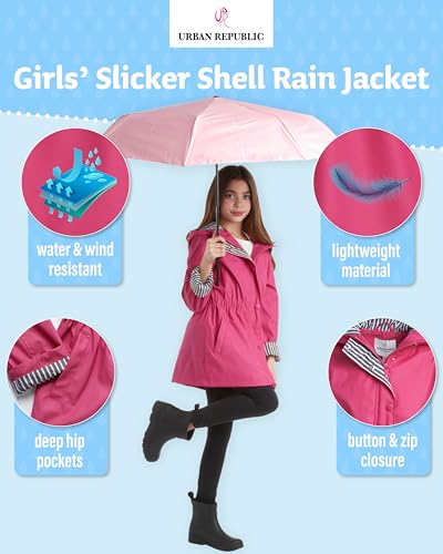 URBAN REPUBLIC Girls Rain Jacket - Wind Resistant Waterproof Slicker Shell Lightweight Kids Rain Coat with Pockets (7-16)2