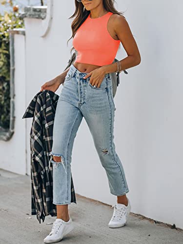 Women’s Sexy Sleeveless High Neck Racerback Cropped Tank Tops Cute Teen Girls Halter Neck Crop Tops Vest Neon Pink Medium #TOP3