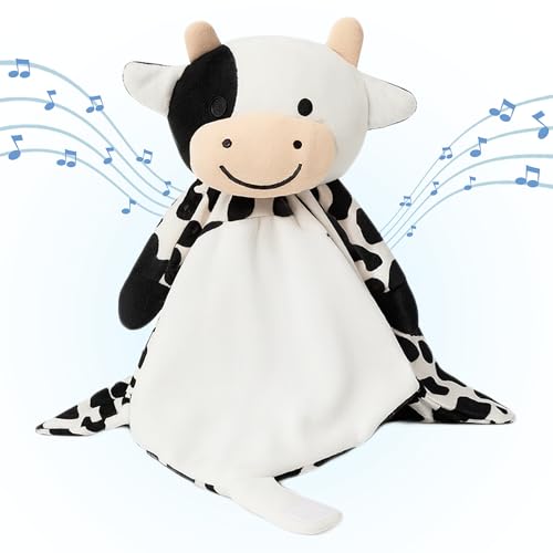 Image of Love By Emi 4 in 1 Baby Lullaby Sleep Soother Toy - Stuffed Animal Sound Machine & Pacifier Holder | Heartbeat White Noise & Music | Plush Cow Lovey Sleep Aid Security Blanket (0-3 Years)