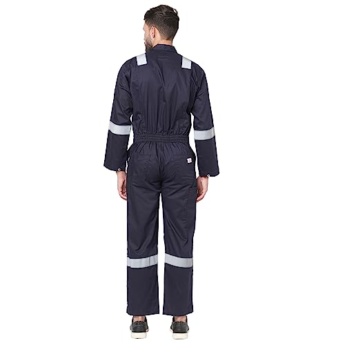 FRENCH TERRAIN® MEN'S 100% COTTON FIRE RETARDANT INDUSTRIAL WORK WEAR COVERALL BOILER SUIT WITH REFLECTIVE TAPE 240 GSM (S_NAVY BLUE)