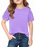 Haloumoning Girls Short Sleeve T Shirts Kids Summer Lace Crewneck Tops Fashion Pleated Tees 5-14 Years Purple