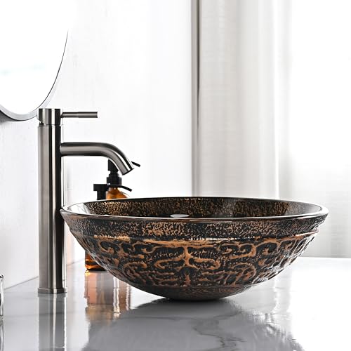 Aquaterior Tempered Glass Bathroom Vessel Sink Round Antique Totem Pattern Above Counter Lavatory Vanity Bowl Basin Arts & Crafts