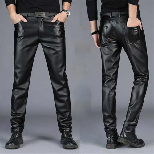 FULBHPRINT Men’S Winter Fleece-Lined PU Leather Pants Stretch Slim Fit Thickened Motorcycle Riding Trousers with Tapered Legs4