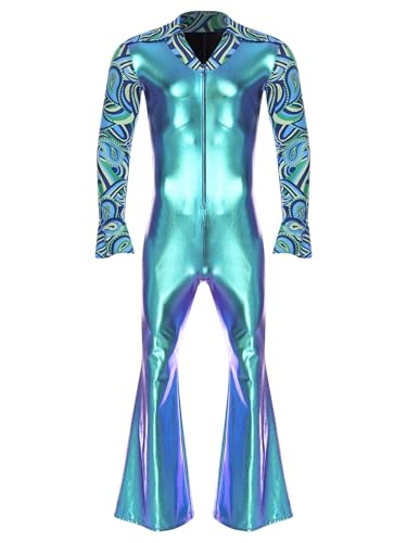 Oyolan Homme Déguisement Années 70 Disco Hippie Combinaison Métallique Brillant Jumpsuit Pantalon Evasées Halloween Carnaval Clubwear A Bleu XL