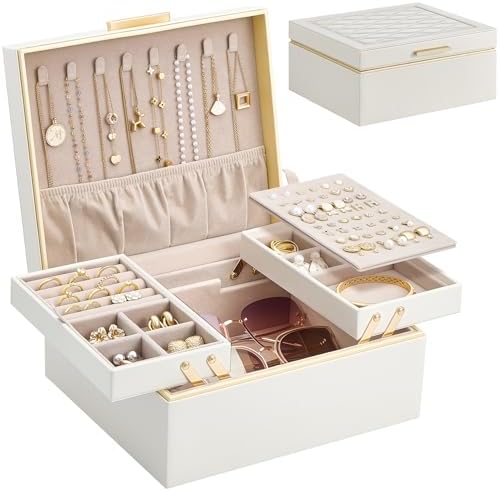 Lolalet Jewelry Box Organizer for Women Girls, 2 Layer Jewelry Organizers and Storage for Necklace Earrings Rings Bracelets, Large Jewellery Holder Case Birthday Valentine Gifts -Cream