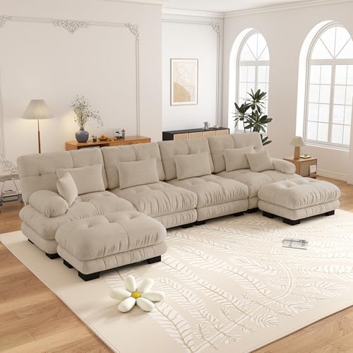 Yihomfy Canapé d'angle Modulable 406 cm en Chenille, Canapé 4 Places avec 2 Pouf, Structure Bois Massif, Configuration Libre Forme en U ou L, Cloud Canapé Moderne...
