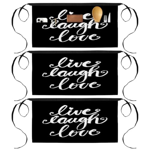 Lot de 3 tabliers courts Live Laugh Love | Demi-tablier multicolore 3 poches pour bistrot