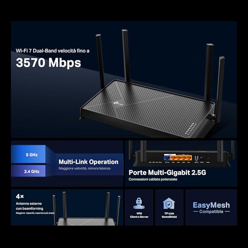 WiFi 7 Archer BE3600 Router WiFi, BE3600Mbps Dual-Band, 2 Porte × 2,5 Gbps, 2×2 MU-MIMO, OFDMA, MLO, Compatibile con EasyMesh, HomeShield, VPN, non supporta xDSL - Router - Immagine 2