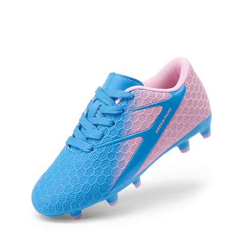 DREAM PAIRS Girls Boys Soccer Cleats Kids Firm Groud Football Toddler Youth Athletic Outdoor Training Shoes for Little/Big Kid,Size 1 Little Kid,Pink/Blue,KKUMSO2505