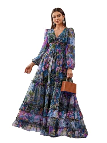 Image of TOLEEN Summer Casual Dresses for Women 2024 Spring Fashion Boho V Neck Long Sleeve Ruffle Floral Print Elegant Maxi Dress