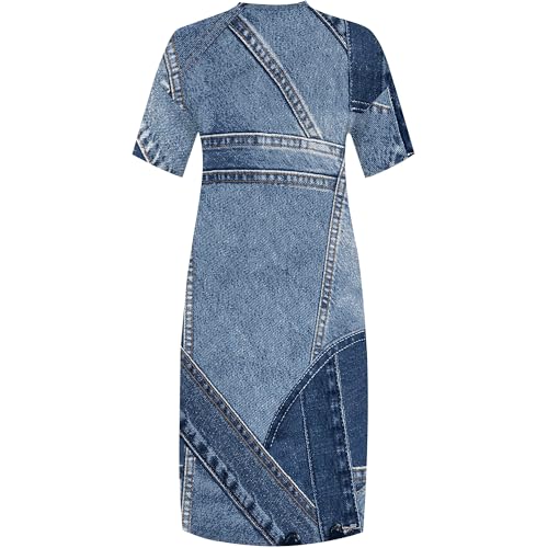 Image of SUZONANA Plus Size Denim Print Shirt Maxi Dresses for Curvy Women Casual Blue Jean Summer Outfits Long Short Sleeve Dress with Pockets Patchwork 2XL