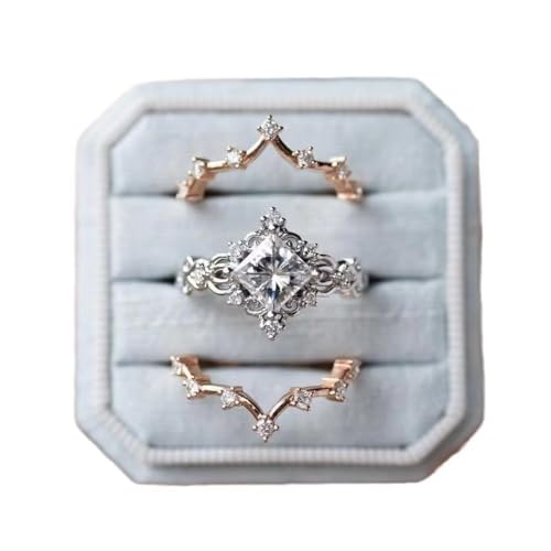 Three-in-One Diamond Wedding Bands Set Engagement Rings 18K White Gold Plated Cubic Zirconia Promise Eternity Band for Women Zircon Stacking Rings Promise Ring Fashion Wedding Rings Size 8