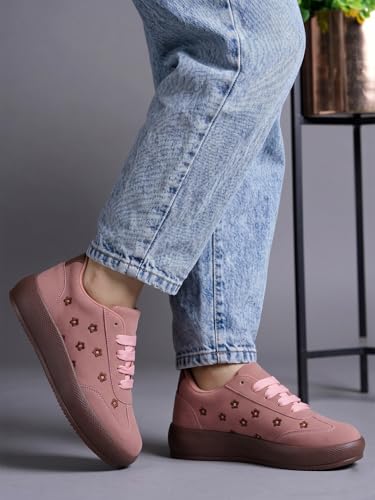 Image of TRYME Floral Platform Sneakers for Women | Lightweight Lace-Up Casual Shoes for College, Travel