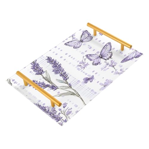 GUIJI Lavender & Butterflies Acrylic Tray, Perfume Cosmetic Jewelry Decorative Trays Bathtub Organizer, Living Room Kitchen Serving Tray with Gold Handles